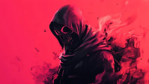 Crimson hooded skull figure emerges from swirling digital smoke