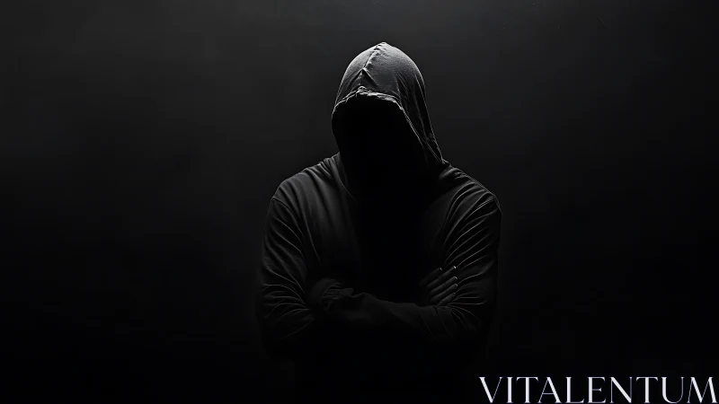 Shadowed hooded figure stands quietly in dramatic darkness