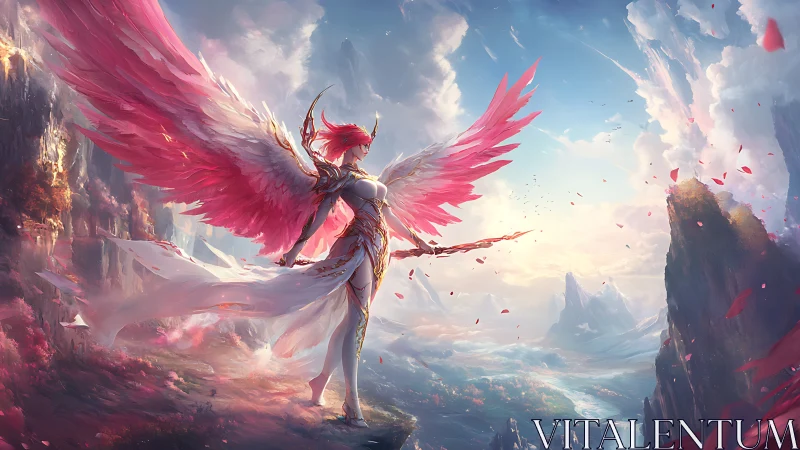 Winged armored figure with bow over stylized mountain valley.