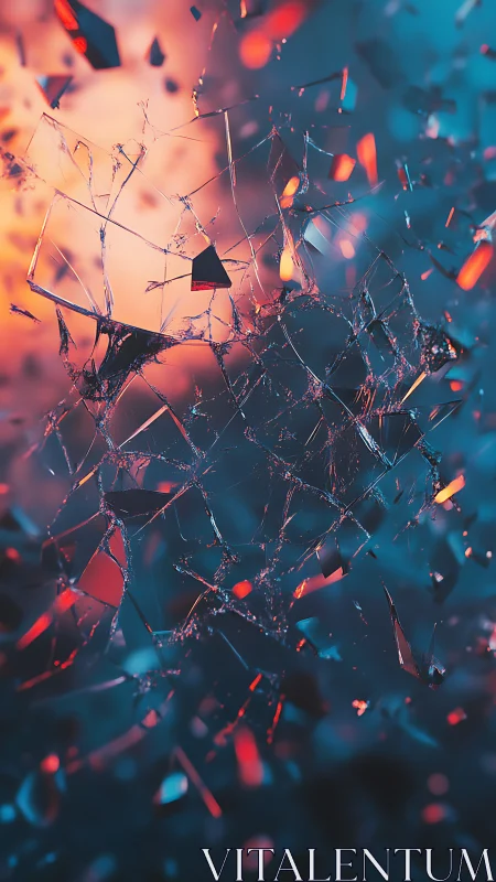 Shattered glass fragments in vivid red and teal light.