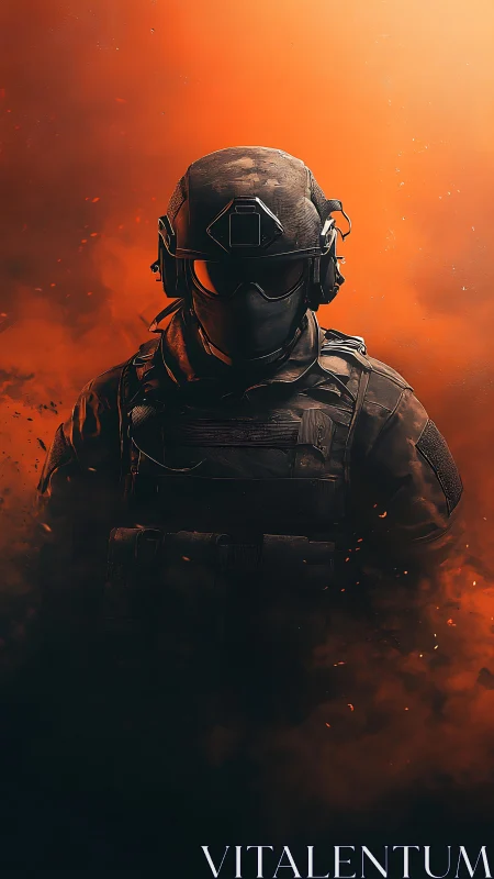 Armored tactical soldier stands in blazing orange smoke