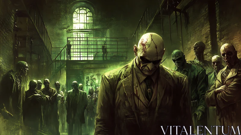 Zombified figures in decayed industrial hall interior.