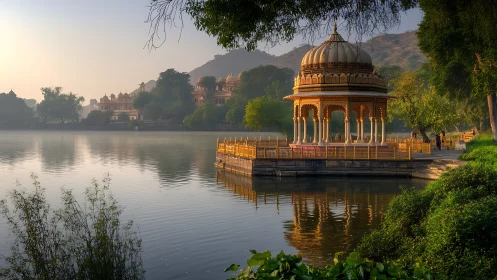 Lakeside pavilion and palace complex in morning haze.