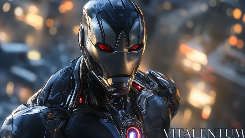 Sleek futuristic robot hero glowing against city lights.