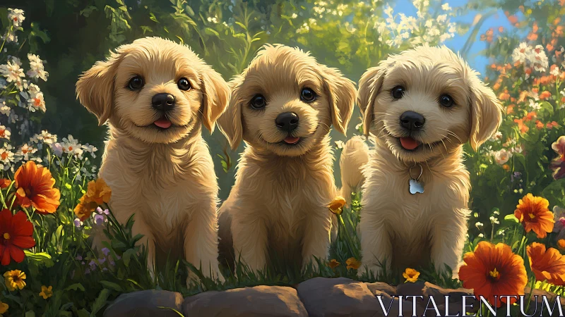 Sunny garden pups sharing smiles among bright blooms.