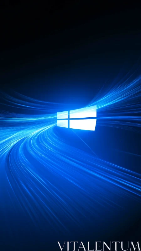 Glowing window icon with dynamic blue light trails.