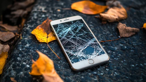 Fractured smartphone display amid autumnal asphalt debris.