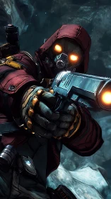 Masked sci-fi gunman aims forward in icy alien canyon.