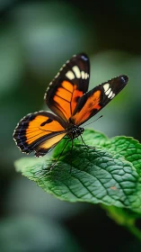 Macro study of orange-black butterfly on textured foliage.