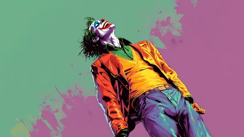 Boldly colorful clown figure basking in defiant spotlight.