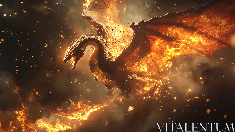 Inferno-winged dragon erupting from storming ember clouds.