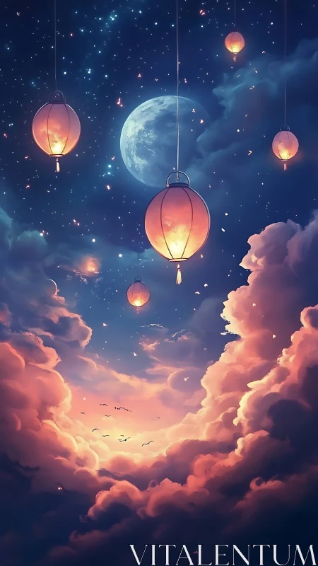 Suspended lanterns over cloudscape beneath lunar sky.