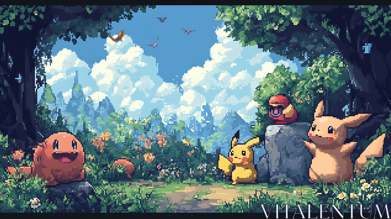 Pokemon Forest Scene with Pikachu, Raichu, and Charmander Gathering