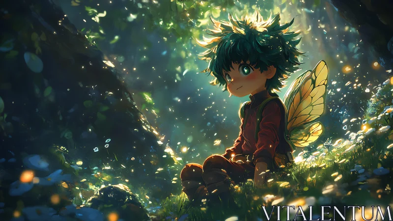 Forest fairy child resting in glowing meadow light.