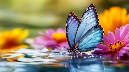 Gentle blue butterfly resting by bright, cheerful blossoms.