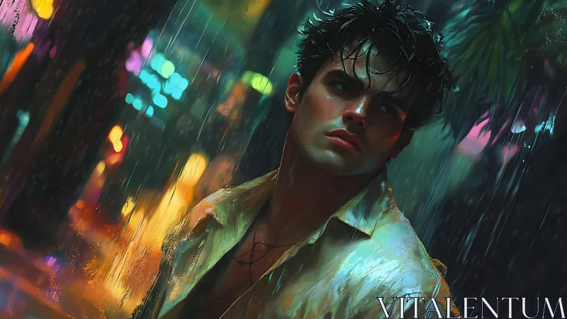 Neon‑lit rainfall portrait with cinematic chiaroscuro rendering.