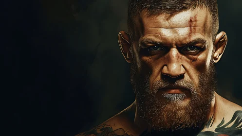 Gritty close-up portrait of intense bearded fighter.