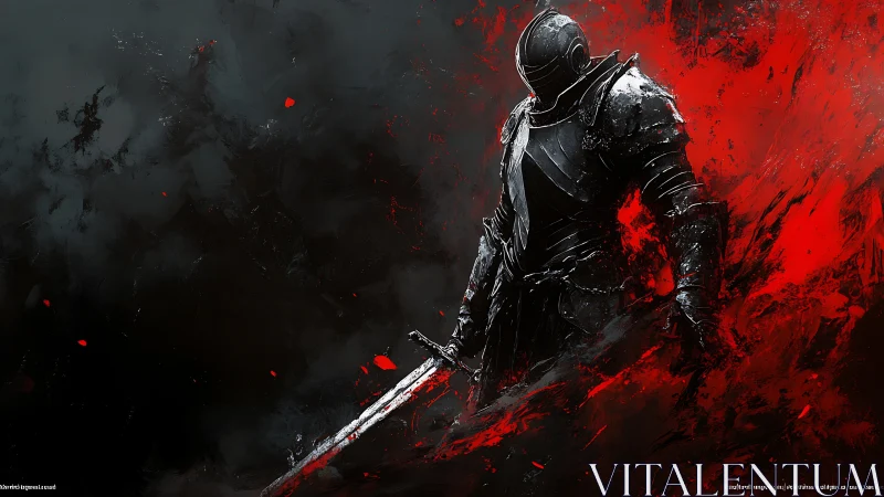 Armored knight with sword against black and red backdrop.