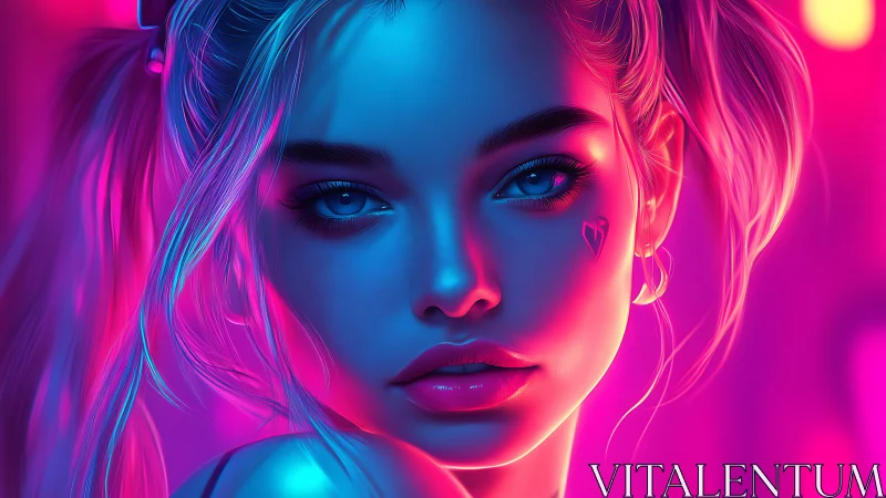 Neon lit cyber girl gazes forward with intense allure
