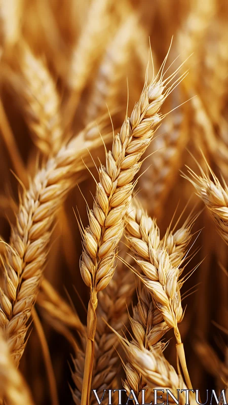 Golden wheat ears in closeup against soft blurred field.