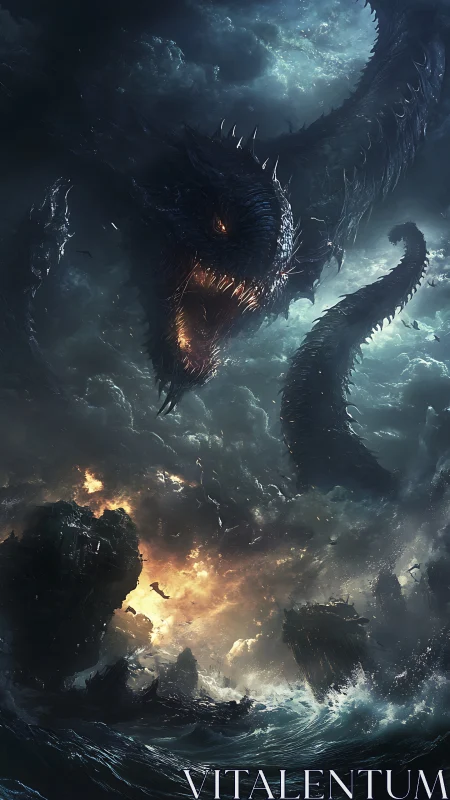 Sea serpent storms over burning ocean cliffs at night.