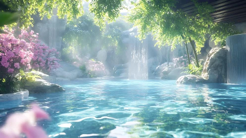 Sunlit crystal pool shimmers beneath soft waterfalls and bloom