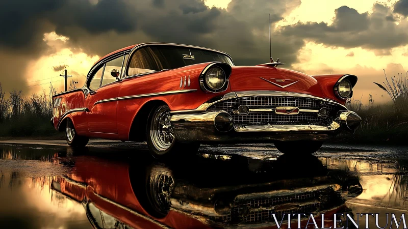 Classic red 1950s car parked on wet road at sunset.