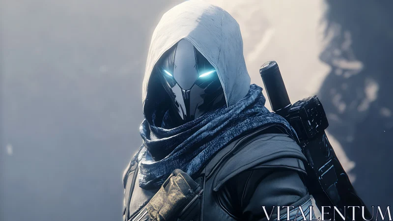 Hooded cybernetic ranger with glowing visor in icy light.