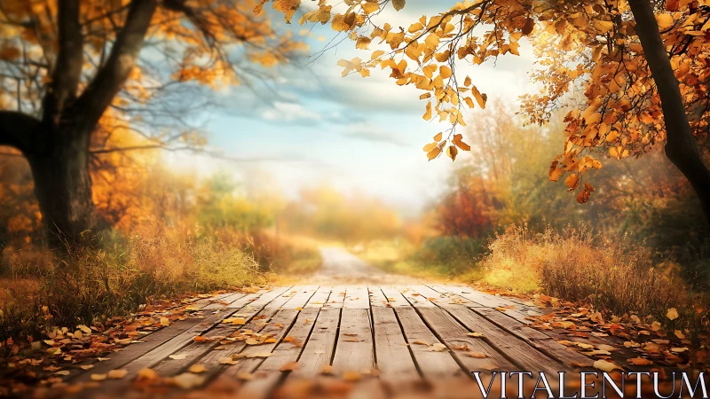 Wooden path through autumn trees under diffused daylight.