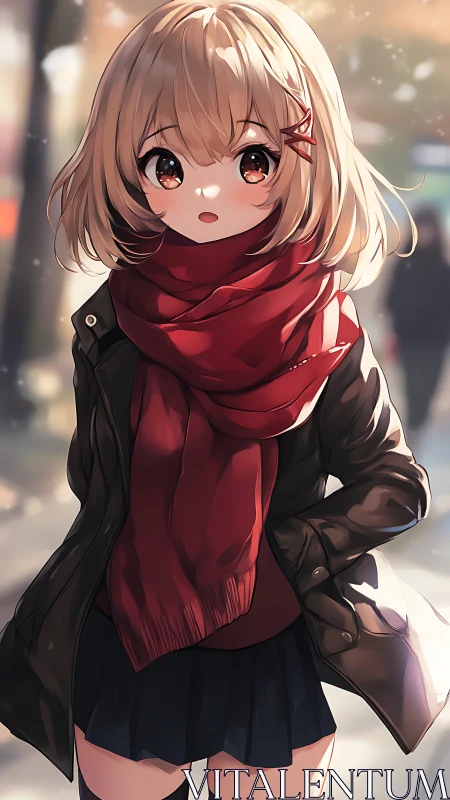 Young figure in red scarf and coat on blurred street.