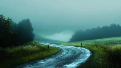 Misty country road curvature in atmospheric landscape painting.