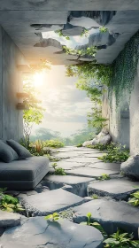 Sunlit concrete ruin with vegetative recolonization dynamics.