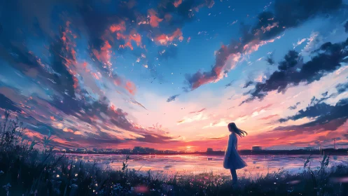 Girl stands by reflective riverbank under vivid sunset sky