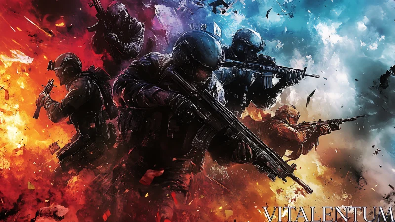 Tactical squad advancing through divided fire and smoke.