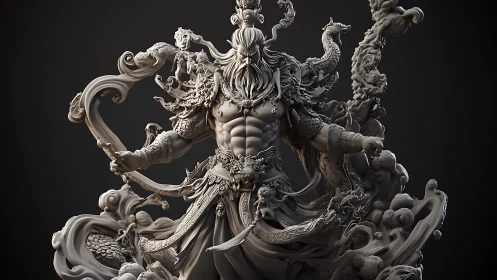 Mythic warrior sculpture in dynamic ornamental swirl.