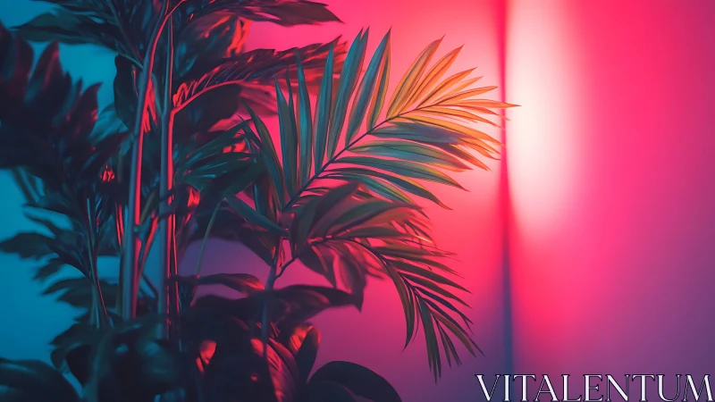 Neon palm leaves glow against dramatic pink and blue light.