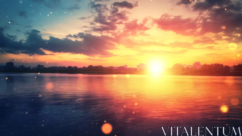 Sunset over calm water with soft city skyline glow.