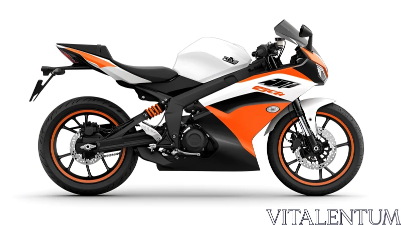 Side profile of orange and white sport motorcycle on white.