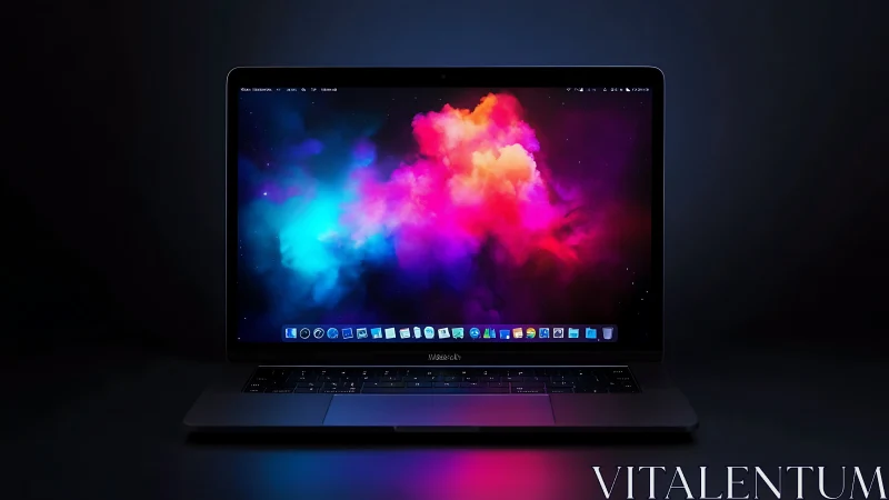 Colorful laptop screen glowing in a calm dark workspace.