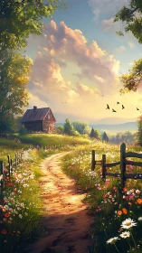 Country dirt path leading to quiet cabin at sunset.