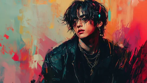 Storm-lit portrait of a brooding rebel in neon color haze.