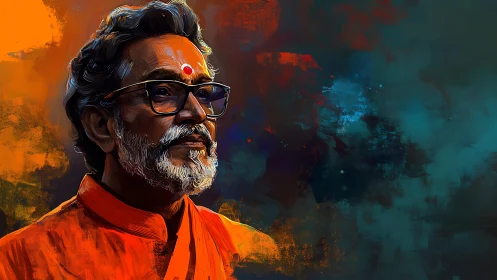 Elderly man in orange clothing rendered as digital portrait