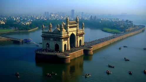Sunlit waterfront arch welcomes visitors above calm harbor