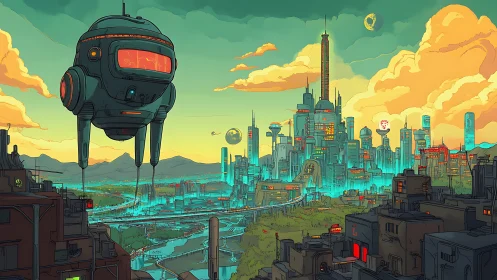 Hovering surveillance droid above neon cyan retrofuturist megacity