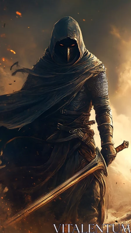 Shadow-cloaked warrior strides through swirling embers.