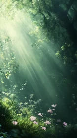 Sunlit forest glade bathes wildflowers in gentle morning hush