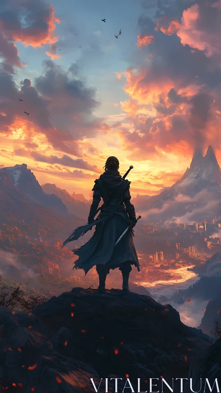 Lone cloaked warrior overlooks burning valley at dawn