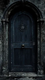 Gothic wooden door stands weathered beneath stone archway.