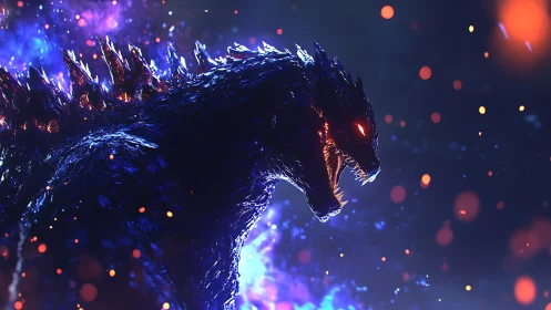 Bioluminescent kaiju roars amid neon embers in dynamic profile