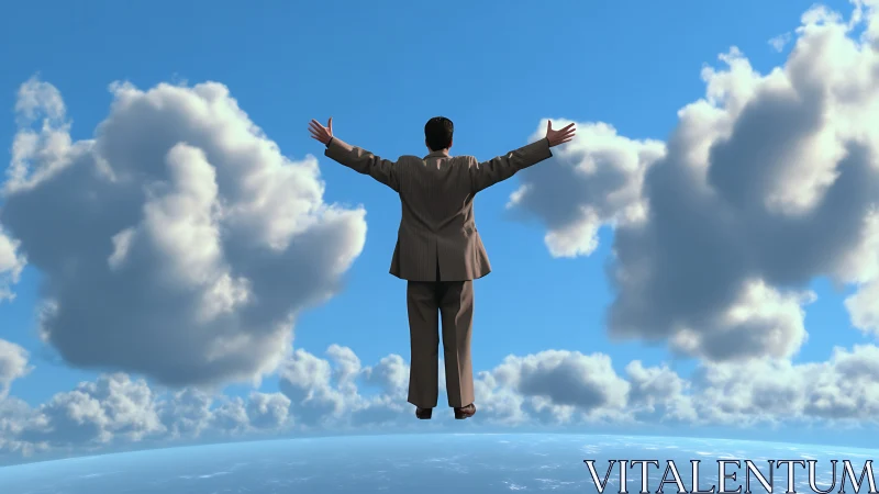 Businessman floating over earth with arms wide open.